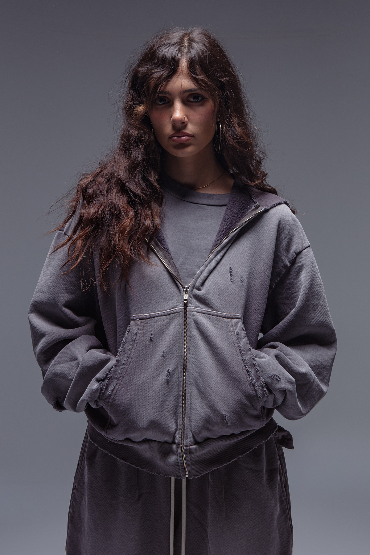 Cinder Distressed Zip up Hoodie
